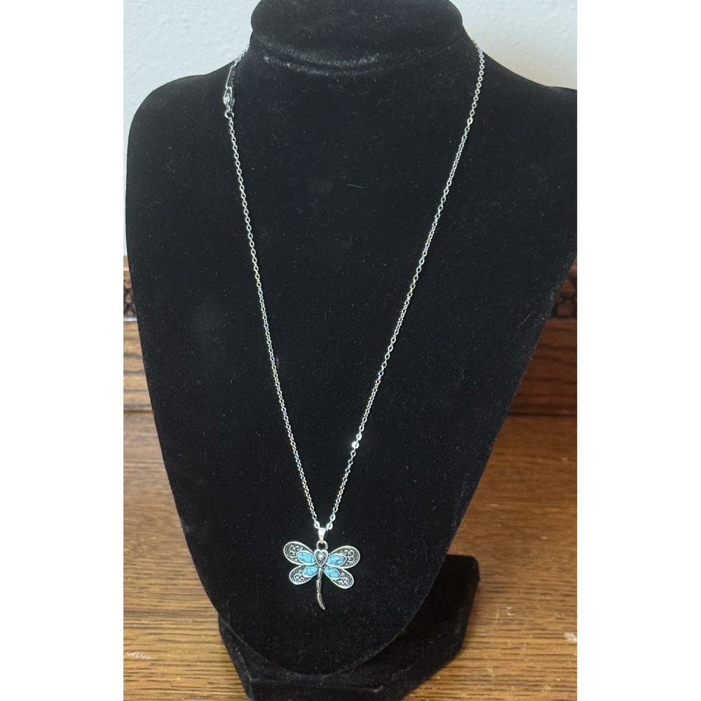 Turquoise Dragonfly Necklace 18"  Stainless Steel Chain Nature Insect Pendant